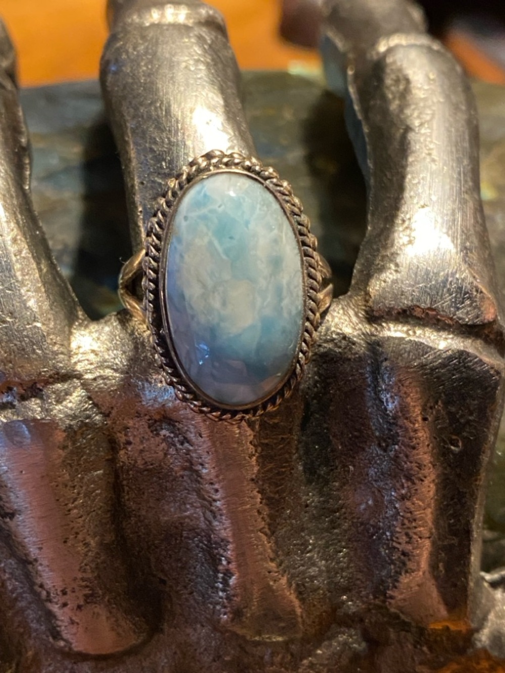 Sterling Silver Boho Larimar Oval Ring size 8.5